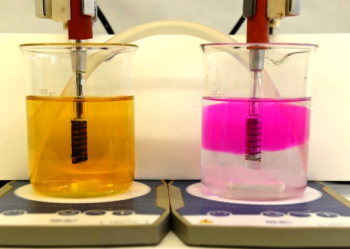 Obr. 1 Obr. Elektrolýza ${\rm NaCl}$ a ${\rm KI}$ s&nbsp;využitím platinových elektrod (vlevo míchající se roztok ${\rm KI}$, vpravo roztok ${\rm NaCl}$ s&nbsp;barevným „mrakem“)