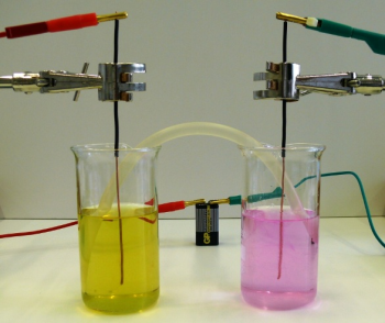 Obr. 2 Elektrolýza ${\rm NaCl}$ a ${\rm KI}$ s&nbsp;využitím jednoduchých pomůcek (elektrody z&nbsp;${\rm Cu}$ drátu, 9 V&nbsp;baterie)
