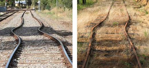 Obr. 1 Zkroucené železniční koleje vlivem teplotní roztažnosti (vlevo: převzato z http://newenergynews.blogspot.cz/2010/08/quick-news-8-17-dog-boiled-alive-fire.html, vpravo: převzato z http://2009rtsciaustin.wordpress.com/2009/11/21/thermal-expansion/)